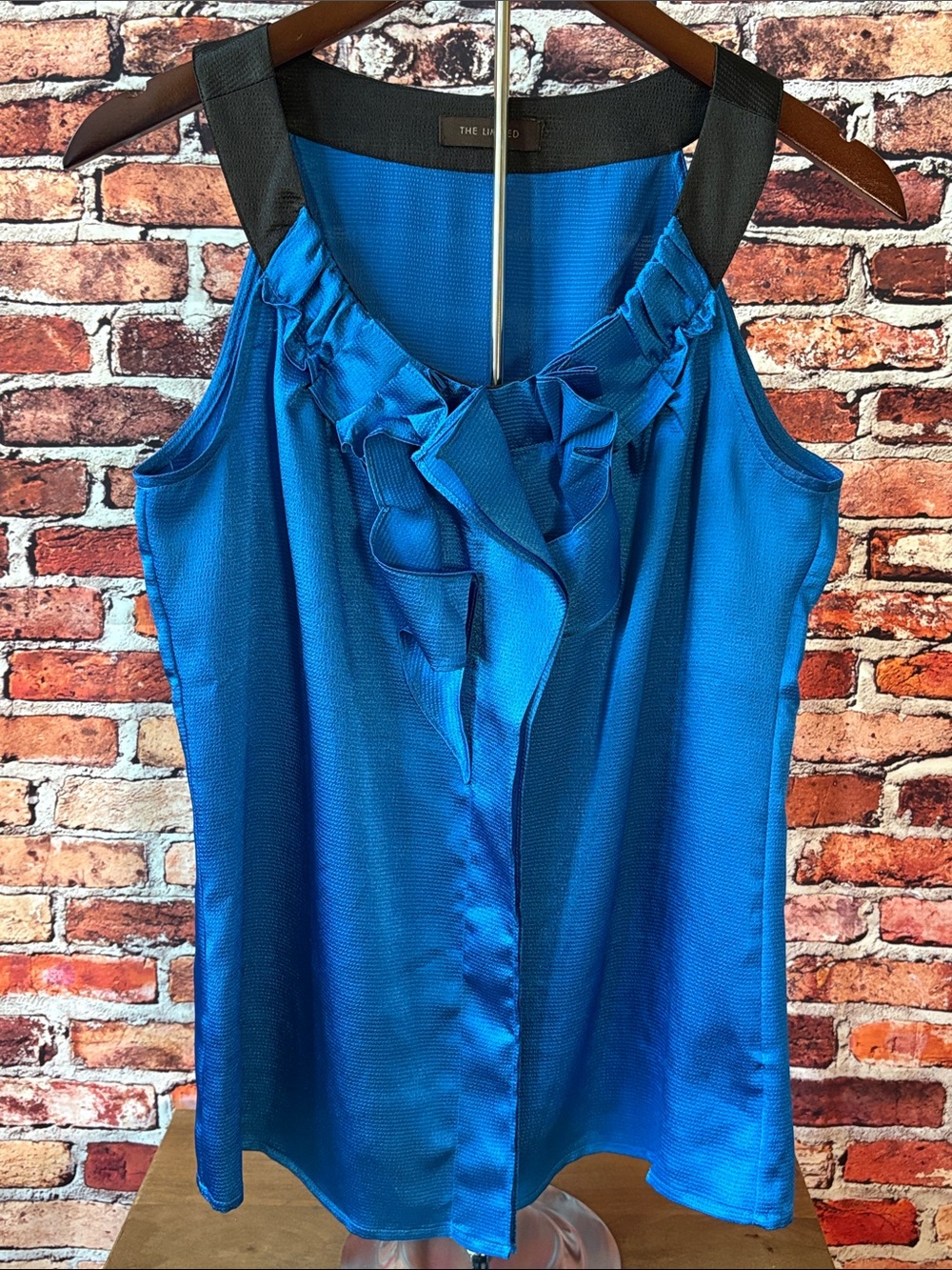 The Limited Vibrant Blue Ruffle-Front Black Strap Collar Satin Blouse M